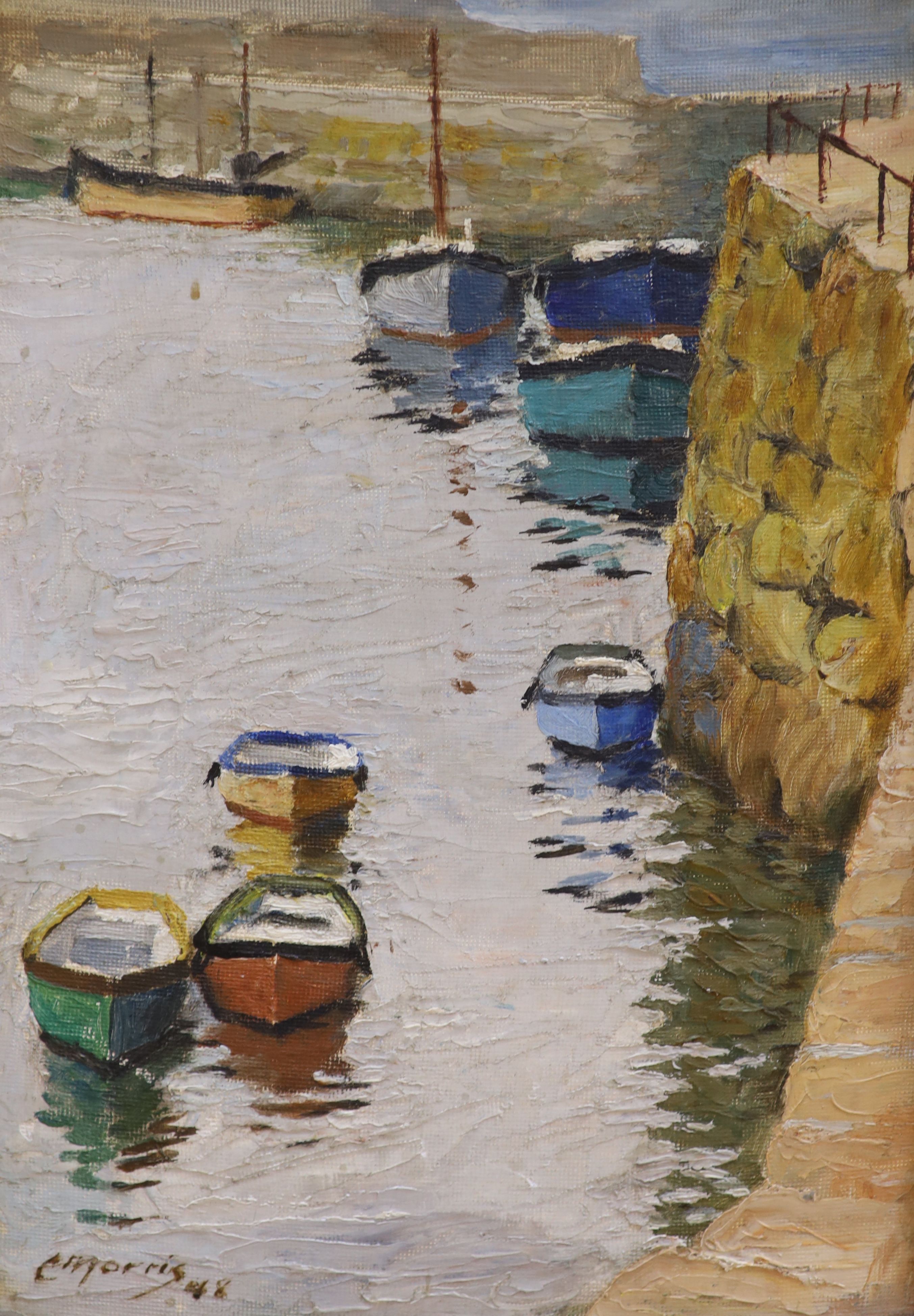 C. Morris (20th C.), oil on board, Fishing boats in harbour, signed and dated '48, 35 x 25cm